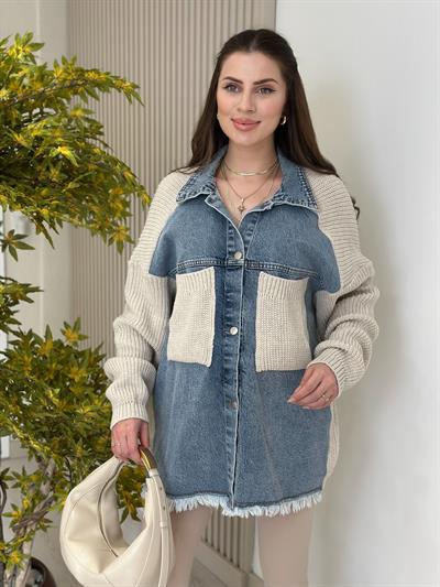 Oversıze Kot Detaylı Cepli Altı Püsküllü Tasarım Hırka Bej