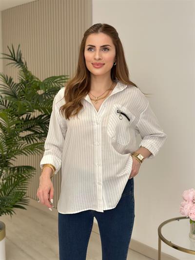 Özel Üretim fermuar Detaylı Tasarım Gömlek Beyaz