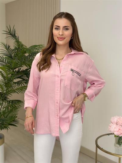 Özel Üretim fermuar Detaylı Tasarım Gömlek Pembe