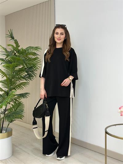 Paça Yırtmaç Detaylı Şeritli Modal Takım Siyah