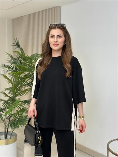 Paça Yırtmaç Detaylı Şeritli Modal Takım Siyah