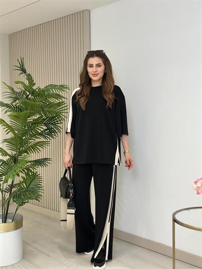 Paça Yırtmaç Detaylı Şeritli Modal Takım Siyah