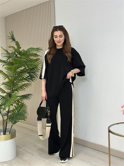 Paça Yırtmaç Detaylı Şeritli Modal Takım Siyah