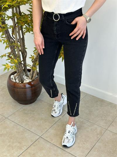 Paçası Droplu Kemerli Mom Fit Jean Füme