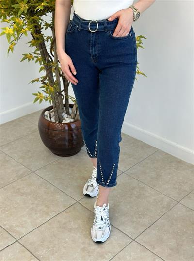 Paçası Droplu Kemerli Mom Fit Jean Lacivert