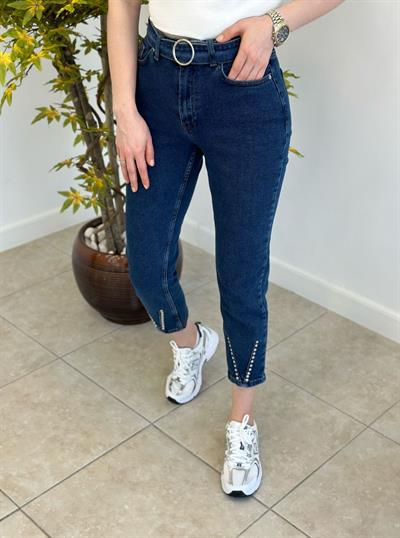 Paçası Droplu Kemerli Mom Fit Jean Lacivert