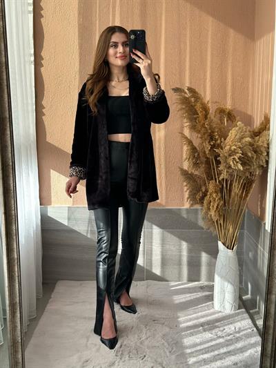 Paçası Yırtmaçlı İçi Şardonlu Deri Pantolon