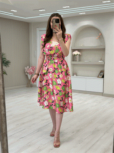 Pamuk Saten Astarlı Kemerli Pembe Elbise