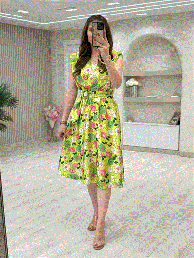 Pamuk Saten Astarlı Kemerli Yeşil Çiçekli Elbise