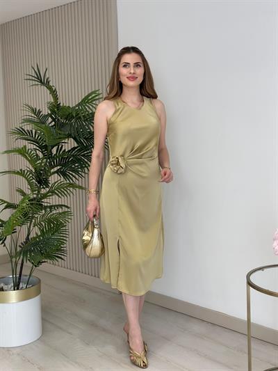 Pamuk Saten Beli Drapeli Broşlu Elbise Yağ Yeşili 