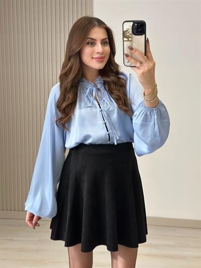 Pamuk Saten Yakası Bağcıklı Gömlek Bebe Mavi