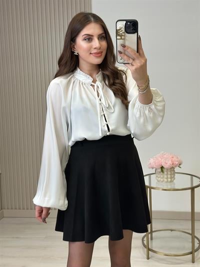 Pamuk Saten Yakası Bağcıklı Gömlek Beyaz