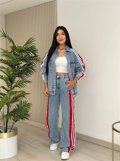 Paraşüt Detaylı Tasarım Jean Takım Kırmızı