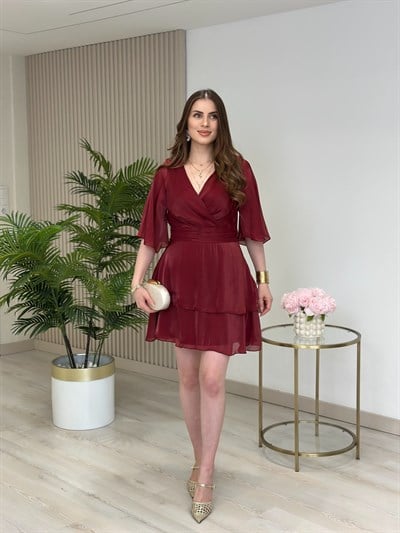 Parlak Şifon Kumaş Beli Drapeli Kat Kat Elbise Bordo