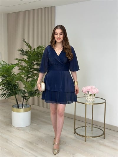 Parlak Şifon Kumaş Beli Drapeli Kat Kat Elbise Lacivert