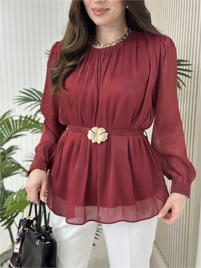 Parlak Şifon Kumaş Beli Gold Toka Detaylı Kuşaklı Bluz Bordo