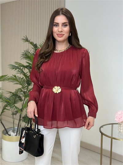 Parlak Şifon Kumaş Beli Gold Toka Detaylı Kuşaklı Bluz Bordo