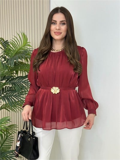 Parlak Şifon Kumaş Beli Gold Toka Detaylı Kuşaklı Bluz Bordo