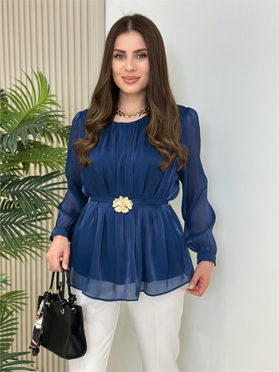 Parlak Şifon Kumaş Beli Gold Toka Detaylı Kuşaklı Bluz Lacivert