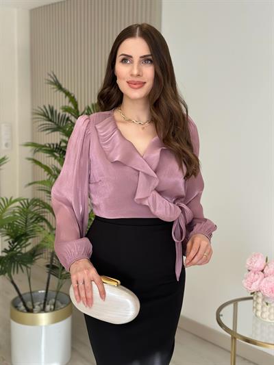 Parlak Şifon Kumaş Kruvaze Yakası Fırfırlı Bluz Pembe 
