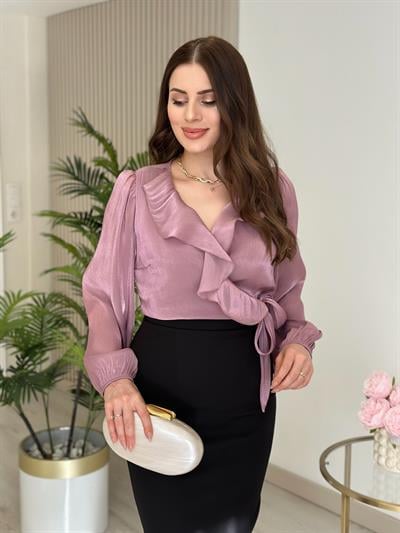 Parlak Şifon Kumaş Kruvaze Yakası Fırfırlı Bluz Pembe 
