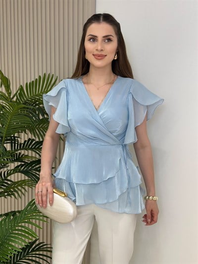 Parlak Şifon Kumaş Volanlı Kruvaze Bluz Bebe Mavi