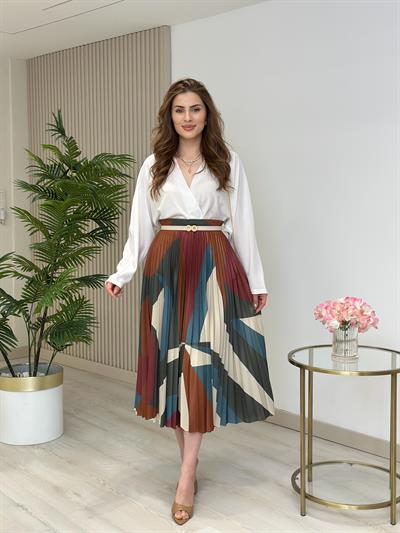 Pavlov Kiremit Desenli Pileli Beli Lastikli Etek 