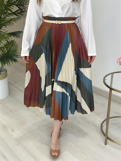 Pavlov Kiremit Desenli Pileli Beli Lastikli Etek 