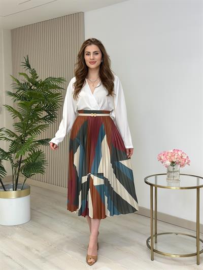 Pavlov Kiremit Desenli Pileli Beli Lastikli Etek 