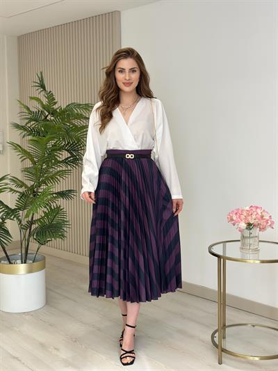 Pavlov Mor Lacivert Desenli Pileli Beli Lastikli Etek 