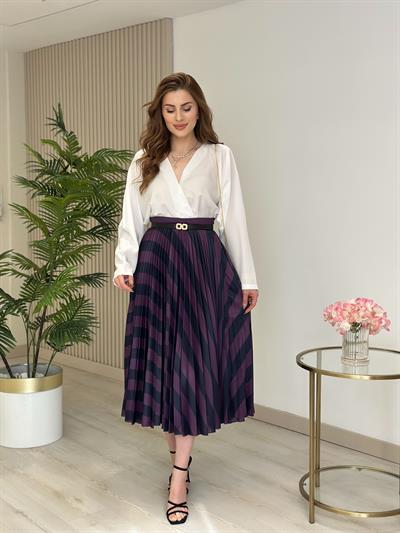 Pavlov Mor Lacivert Desenli Pileli Beli Lastikli Etek 