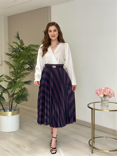 Pavlov Mor Lacivert Desenli Pileli Beli Lastikli Etek 