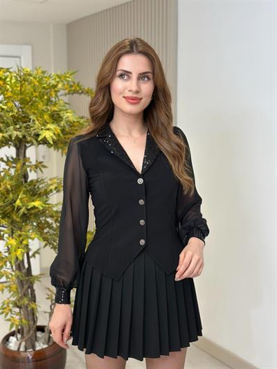 Payet Detayı Şifon Kol Bluz Siyah