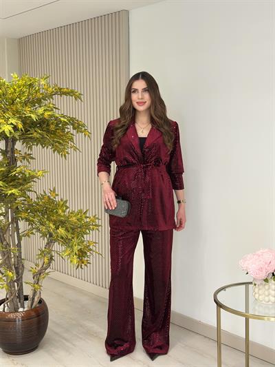 Payetli Kadife Ceket Pantolon Takım Bordo