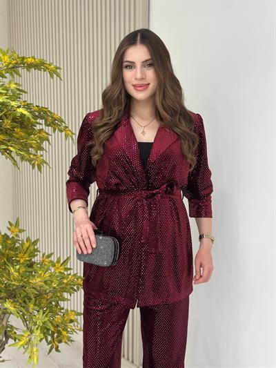 Payetli Kadife Ceket Pantolon Takım Bordo