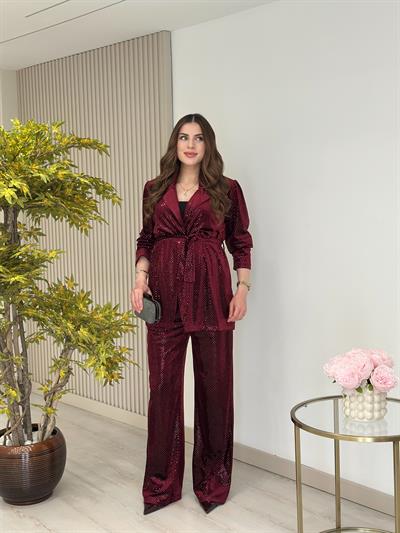 Payetli Kadife Ceket Pantolon Takım Bordo