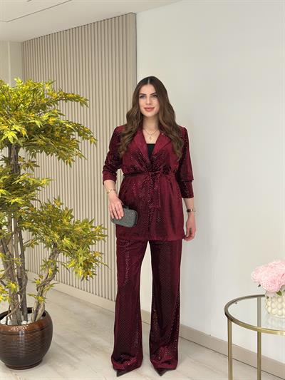 Payetli Kadife Ceket Pantolon Takım Bordo
