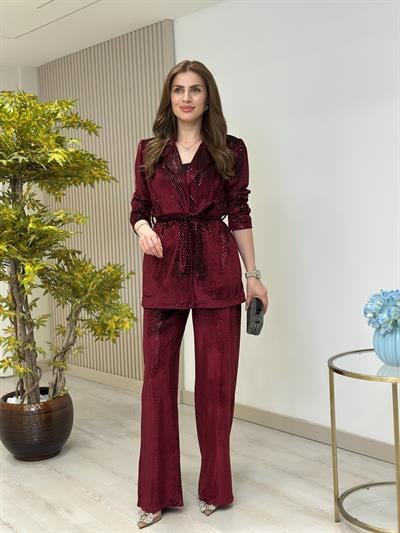 Payetli Kadife Kuşaklı Takım Bordo