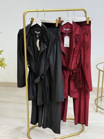 Payetli Kadife Kuşaklı Takım Bordo