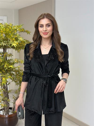 Payetli Kadife Kuşaklı Takım Siyah