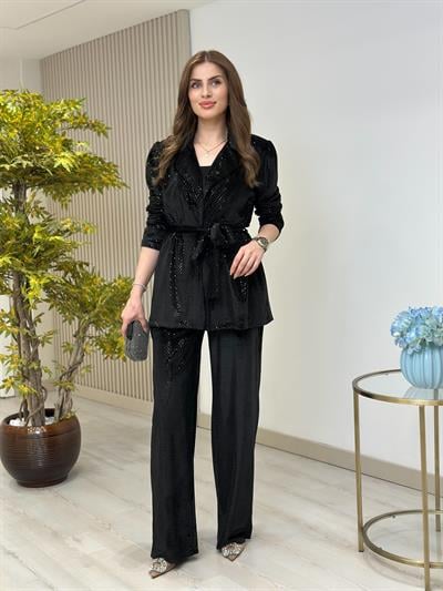 Payetli Kadife Kuşaklı Takım Siyah