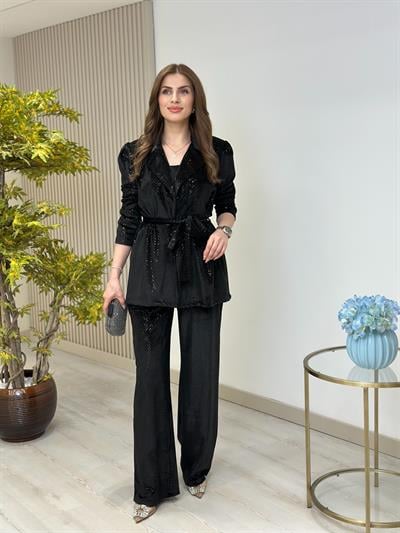 Payetli Kadife Kuşaklı Takım Siyah