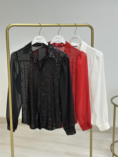 Payetli Şifon Kol Gömlek Beyaz