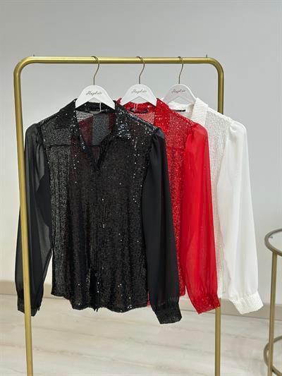 Payetli Şifon Kol Gömlek Siyah