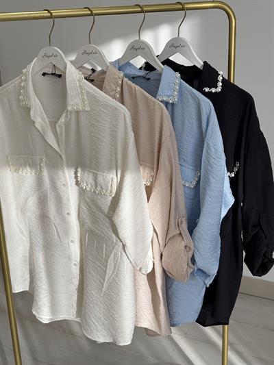 Pearl Yakası Cepleri İncili Gömlek Bebe Mavi