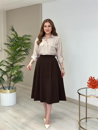 Pearl Yakası Cepleri İncili Gömlek Bej