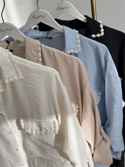 Pearl Yakası Cepleri İncili Gömlek Bej