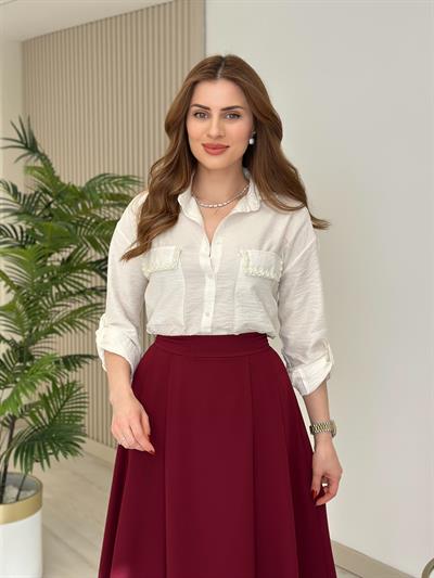 Pearl Yakası Cepleri İncili Gömlek Beyaz