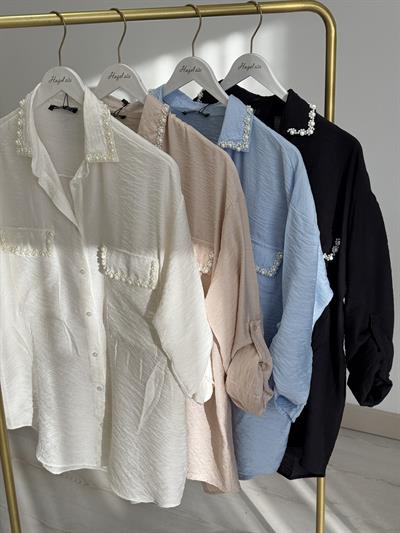 Pearl Yakası Cepleri İncili Gömlek Siyah