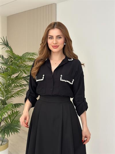 Pearl Yakası Cepleri İncili Gömlek Siyah